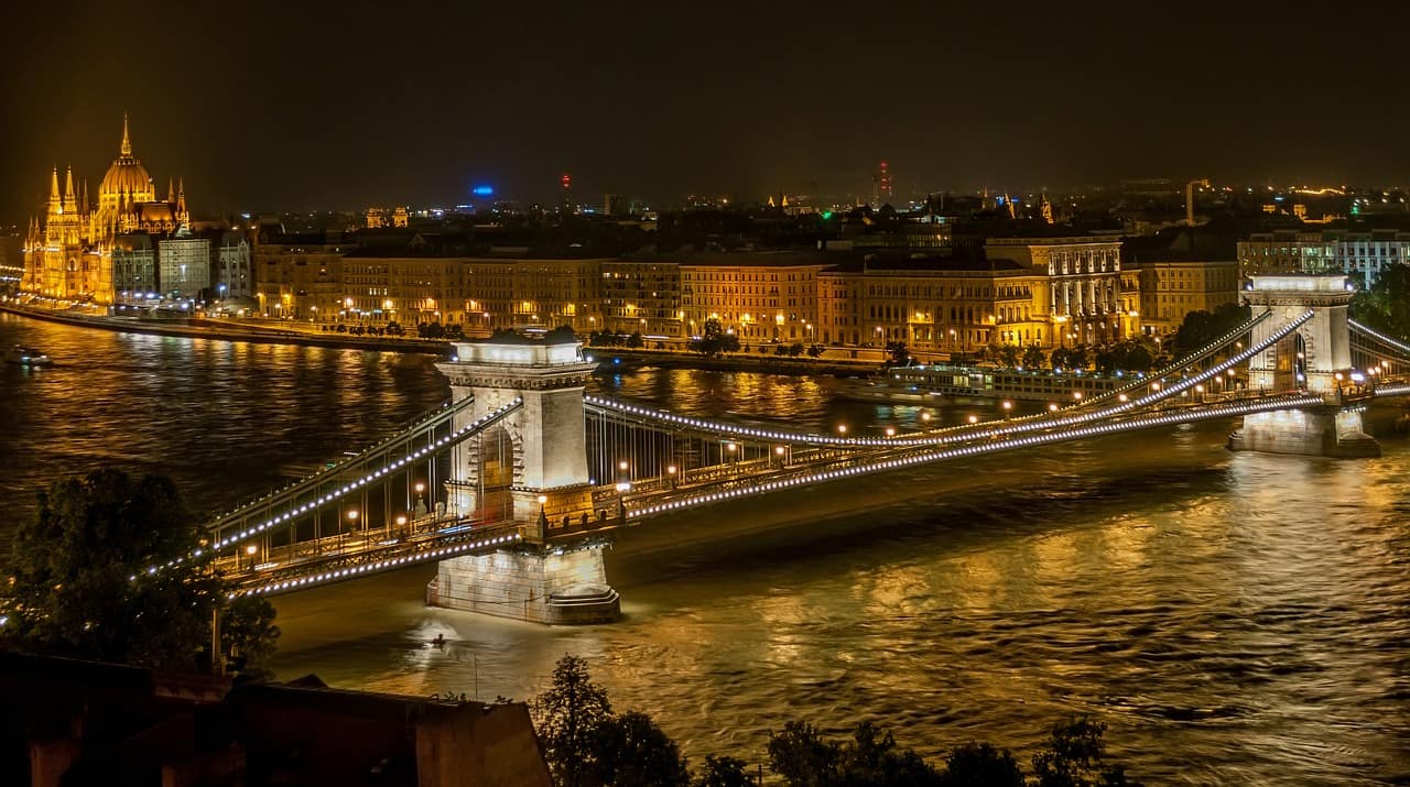 bridge, river, city
